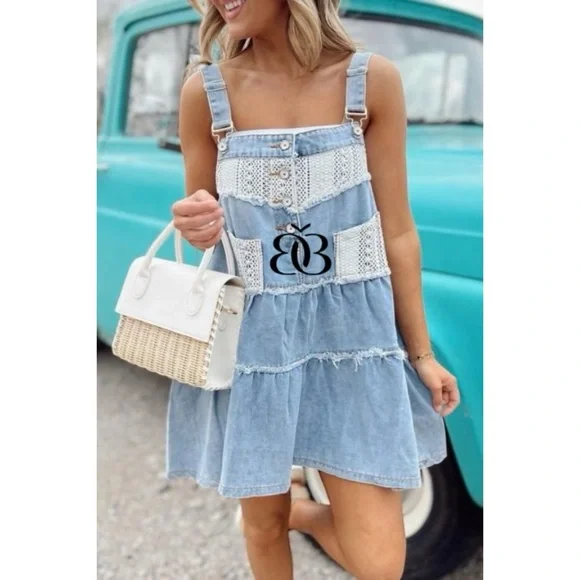POL Denim & Crochet Patch Tiered Skirtall Mini Dress